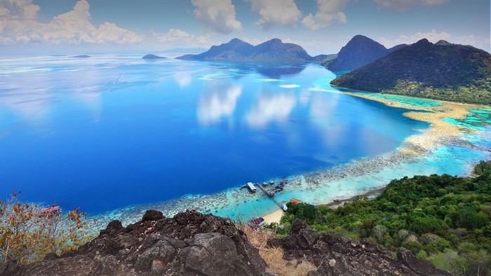 Aerial view of islands and coral reefs in Sabah, Borneo