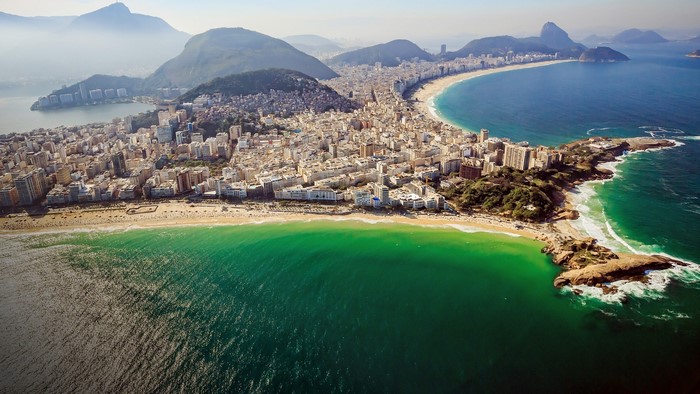 Aerial view of Copacabana beach and cityscape, Rio de Janeiro, Brazil