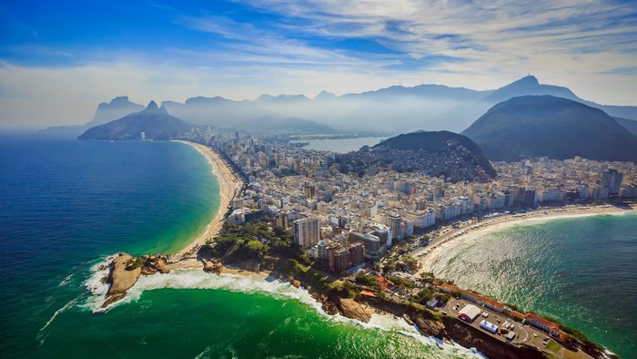 Aerial view of Rio de Janeiro coastline with mountains