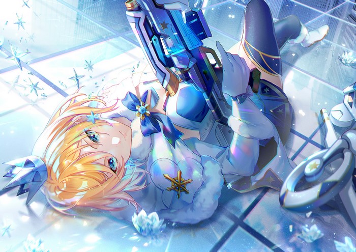 Anime girl with blonde hair holding a futuristic gun