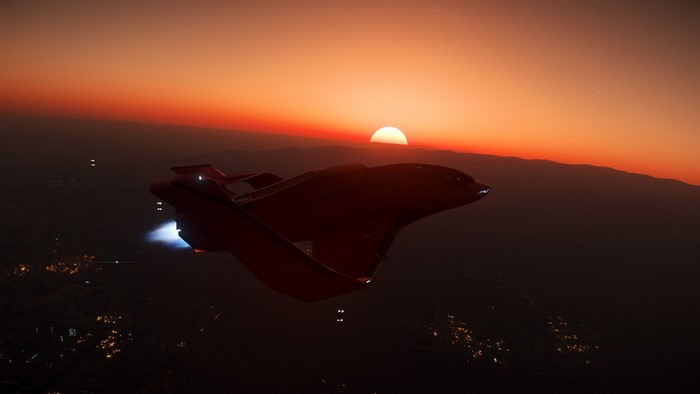 Star Citizen: Red spaceship flying at sunset