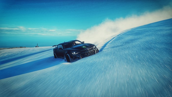 Chevrolet Camaro ZL1 1LE drifting on snow in Forza Horizon 4