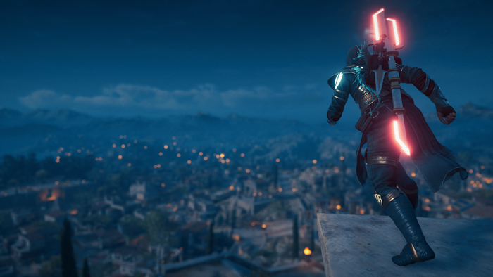 Kassandra from Assassin's Creed Odyssey on a rooftop at night