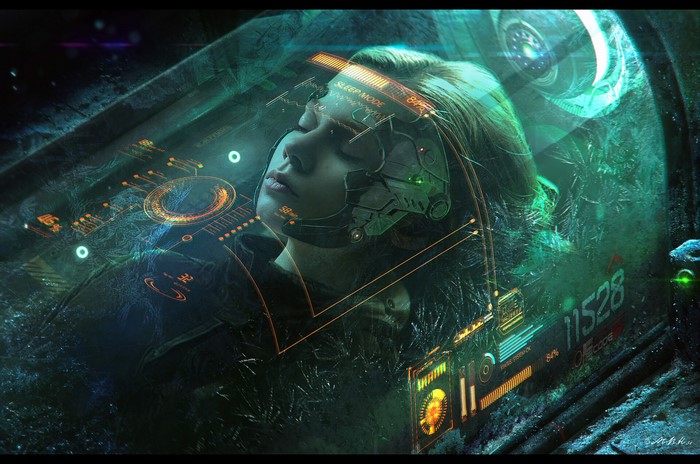 Woman in cryo-sleep with futuristic HUD
