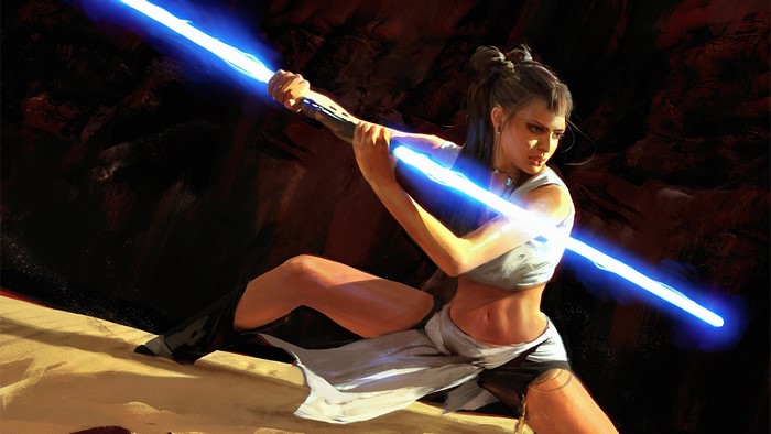 Woman with blue lightsaber in Star Wars concept art