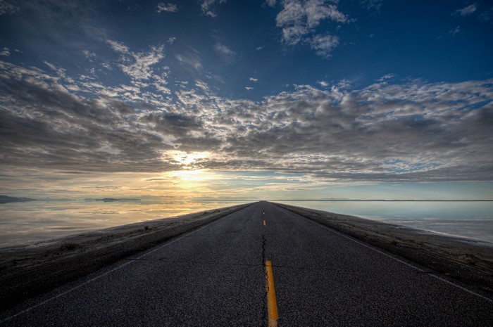 Road through Bonneville Salt Flats, Utah, USA
