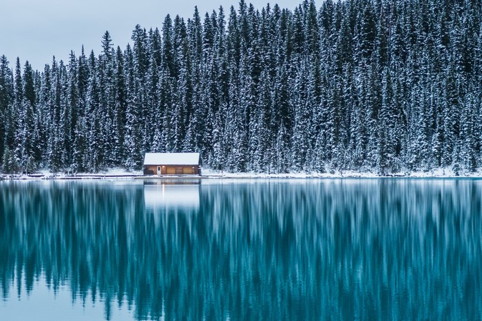 Wooden cabin on Lake Louise in Banff National Park, Canada