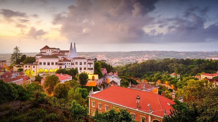 Sintra National Palace and town in Portugal at sunset