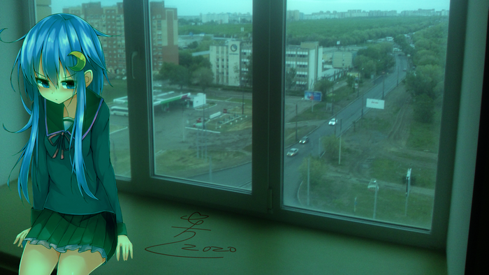 Anime girl by the window overlooking a city