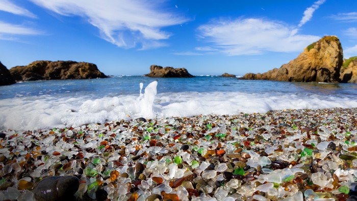 Glass Beach with Waves and Rocks in California