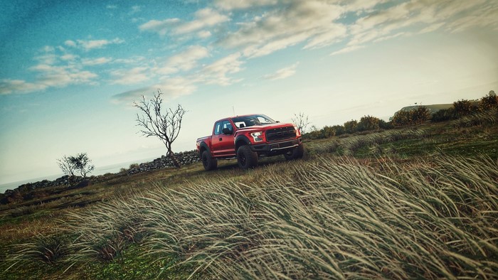 Red Ford F-150 Raptor in a grassy field