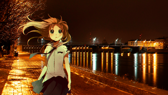 Anime girl on a promenade at night by a river