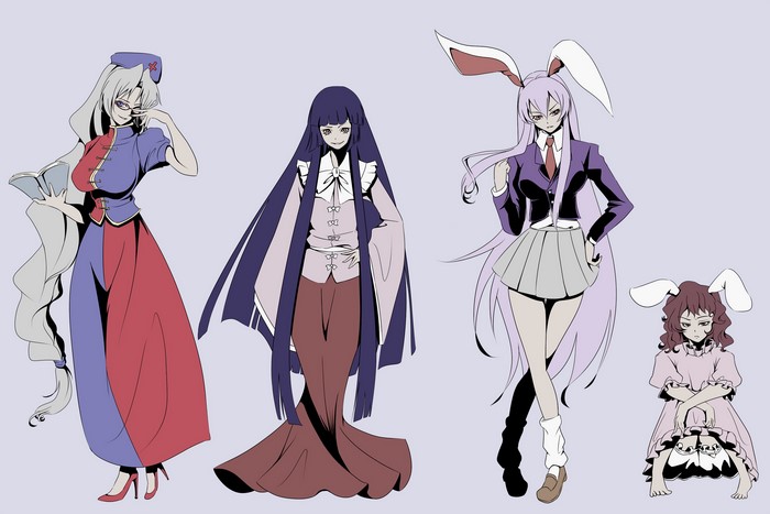 Four anime girls with long hair and distinct outfits