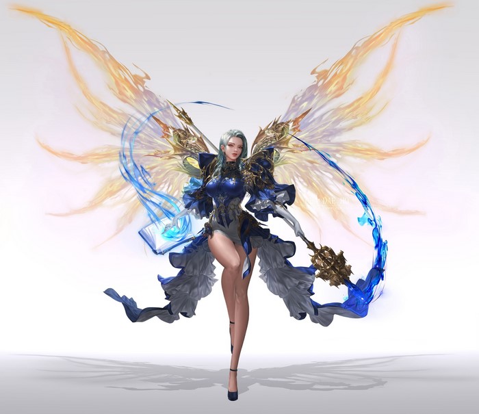 Woman with large wings holding a spellbook and mace