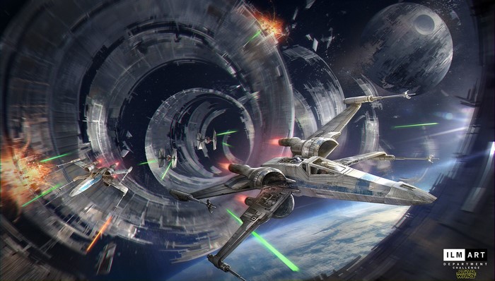 Star Wars X-wing and TIE Fighters dogfight near Death Star
