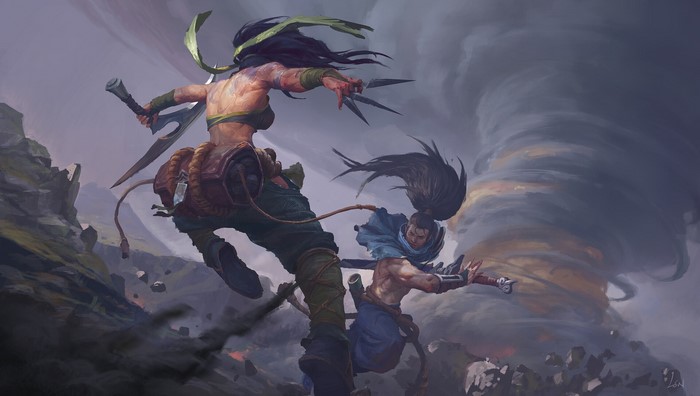Akali and Yasuo from League of Legends in battle