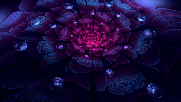 4K Neon Fractal Flower with Water Droplets
