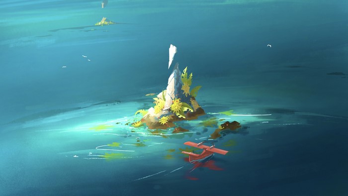 Seaplane flying near a rocky island with birds