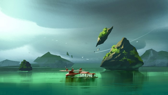 Red seaplane docked at a house on a raft with floating islands