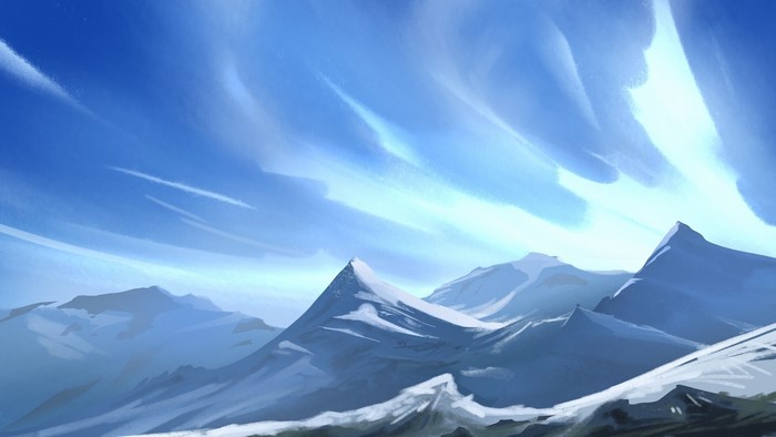 Snowy mountains under a bright blue sky with wispy clouds