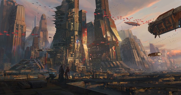 Futuristic city concept art with flying vehicles