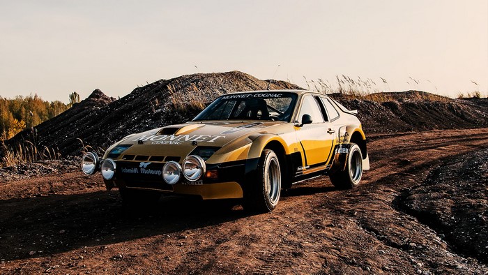 Yellow Porsche 924 rally car with Monnet Cognac livery