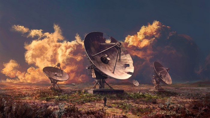 Artwork of satellite dishes in a desolate landscape