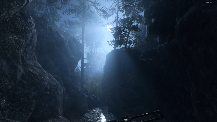 Metro Exodus forest path with moon and sunbeams