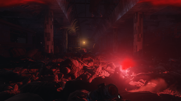 Metro Exodus screenshot of a dark, apocalyptic tunnel
