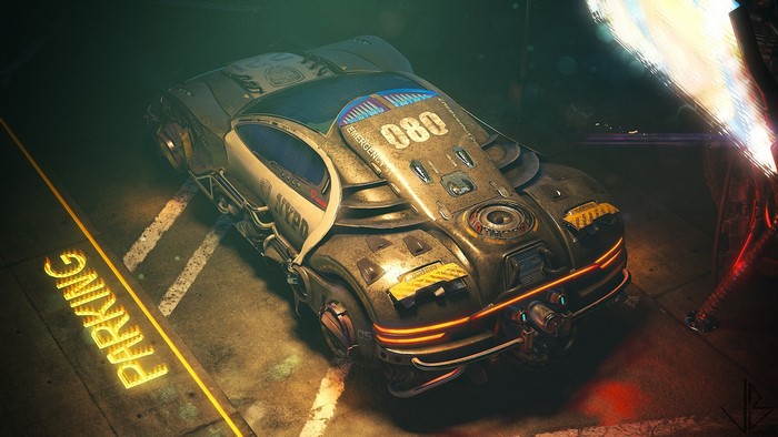 Futuristic NYPD police car in a parking lot