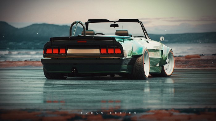 Green Alfa Romeo convertible with wide body kit on wet surface