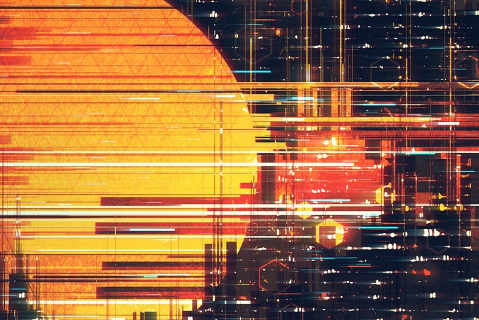 Abstract digital cityscape with sun