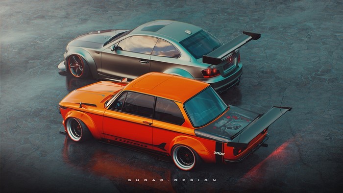 Two modified BMW cars, one orange and one silver
