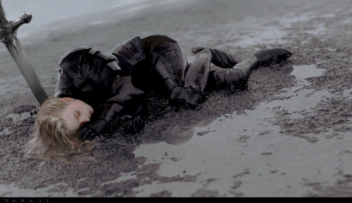 Armored fantasy character lying on the ground next to a sword