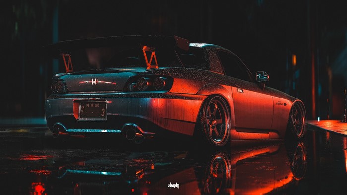 Honda S2000 with large spoiler in the rain