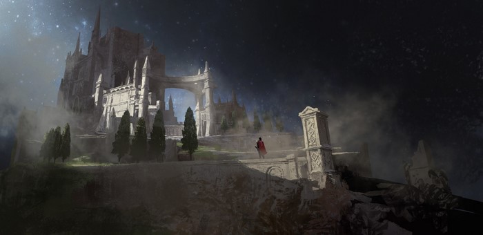 Fantasy castle with a figure in a red cloak