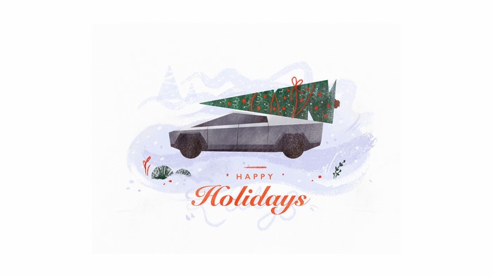 Tesla Cybertruck carrying a Christmas tree