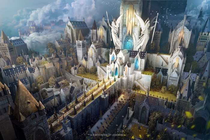 Fantasy city with castles and clouds