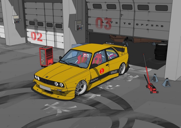 Yellow BMW E30 Cartoon Art