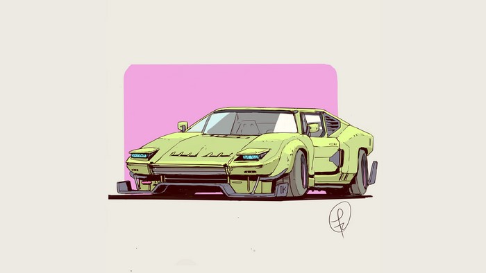Cyberpunk concept art of a lime green custom car