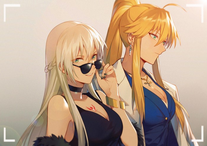 Two anime girls with blonde and white hair wearing sunglasses and jewelry