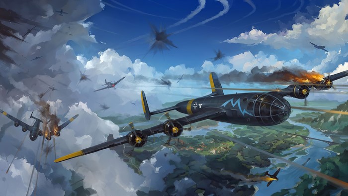 World War II aerial battle with bombers and fighters