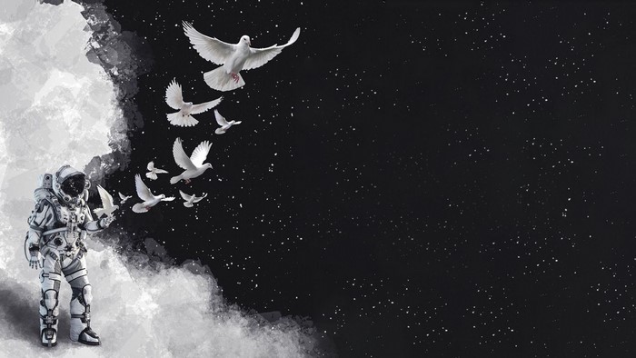 Astronaut releasing doves in space with stars
