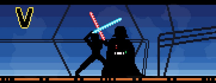 Darth Vader and Luke Skywalker duel in pixel art