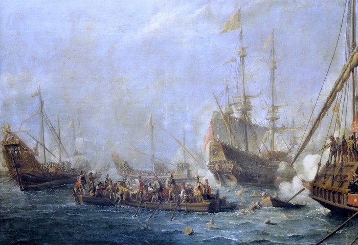 Naval battle with galleys and sailboats