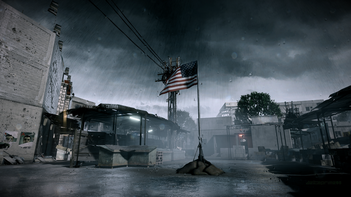 American flag in a storm in Tehran, Battlefield 3