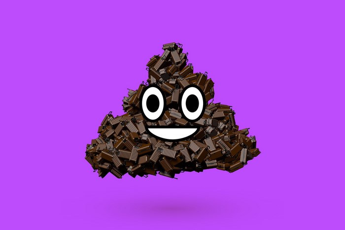 Poop emoji made of luggage on a purple background