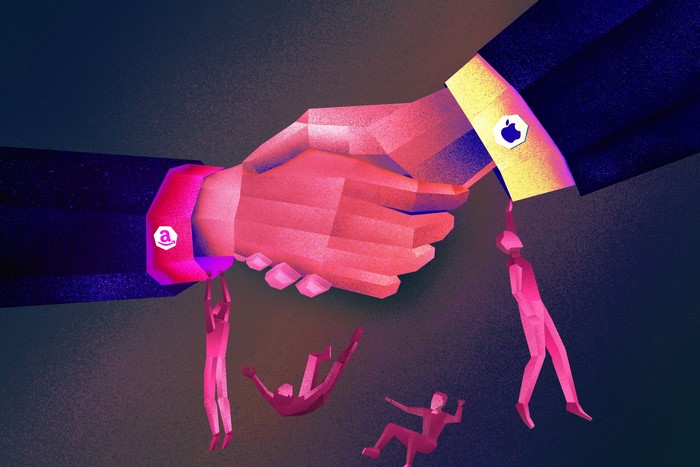 Amazon and Apple handshake with people falling