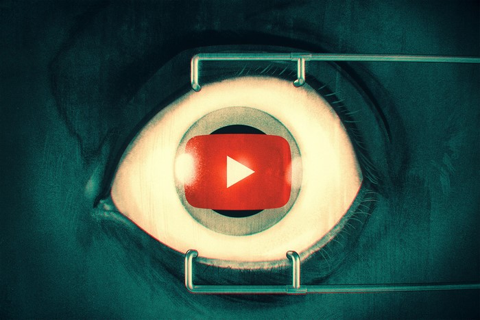 YouTube logo in an eyeball with metal restraints