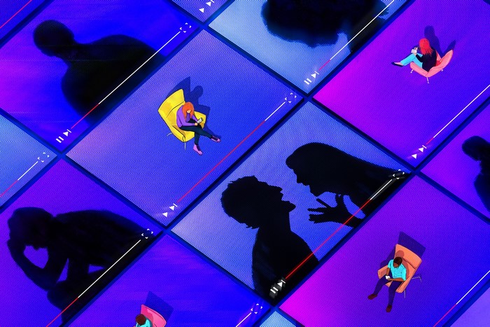 Digital art of people watching videos on screens